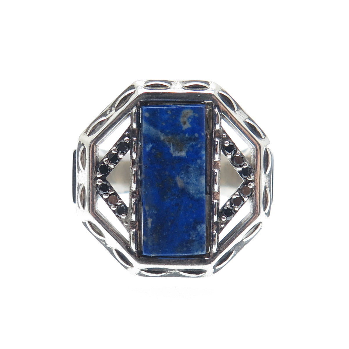 925 Sterling Silver Vintage Real Black Diamond & Lapis Lazuli Ring Size 9.25