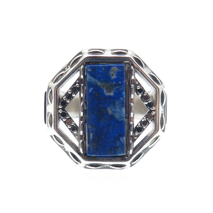 925 Sterling Silver Vintage Real Black Diamond & Lapis Lazuli Ring Size 9.25