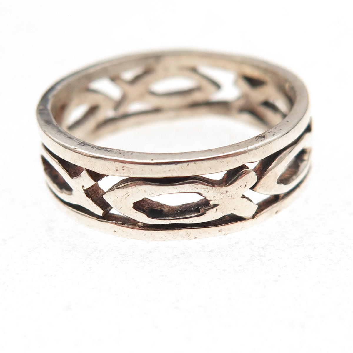 925 Sterling Silver Vintage Ichthys Oxidized Band Ring Size 8
