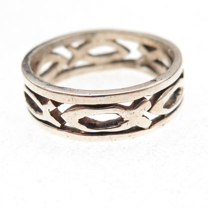 925 Sterling Silver Vintage Ichthys Oxidized Band Ring Size 8