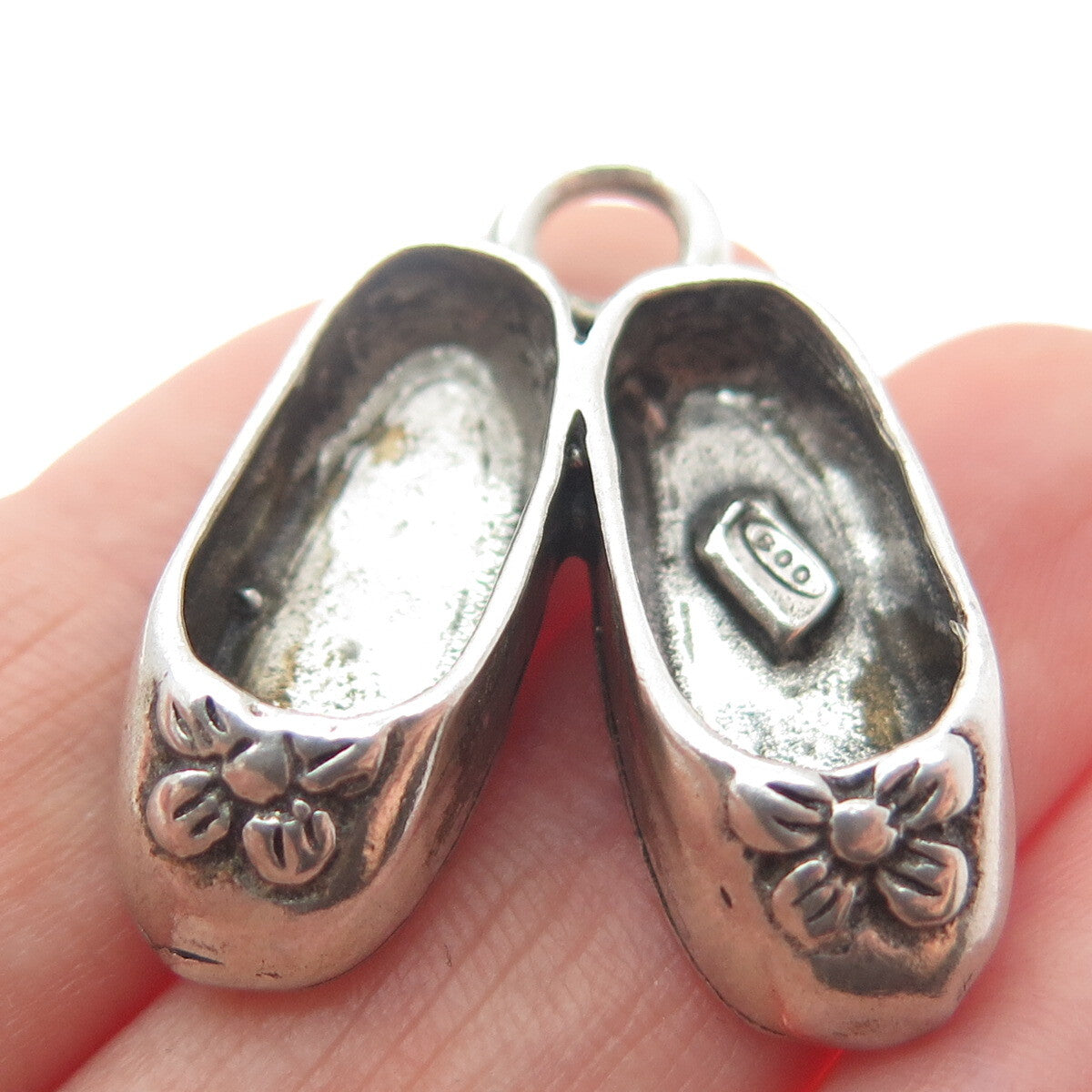 800 Silver Vintage Shoe Slippers Flower Pendant