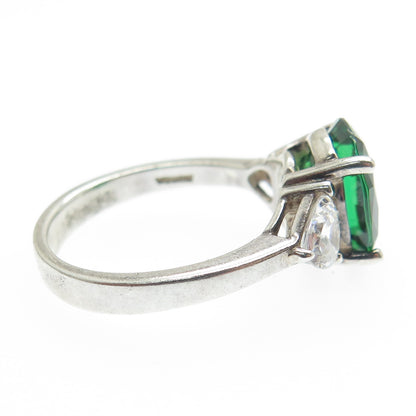 925 Sterling Silver Oval-Cut Green & Heart-Cut White C Z Ring Size 7.25
