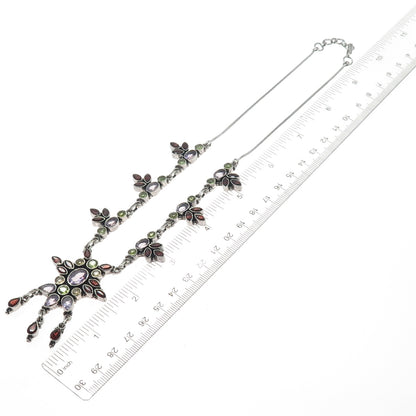 925 Sterling Silver Vintage Real Amethyst Peridot Garnet Citrine Necklace 16-18"