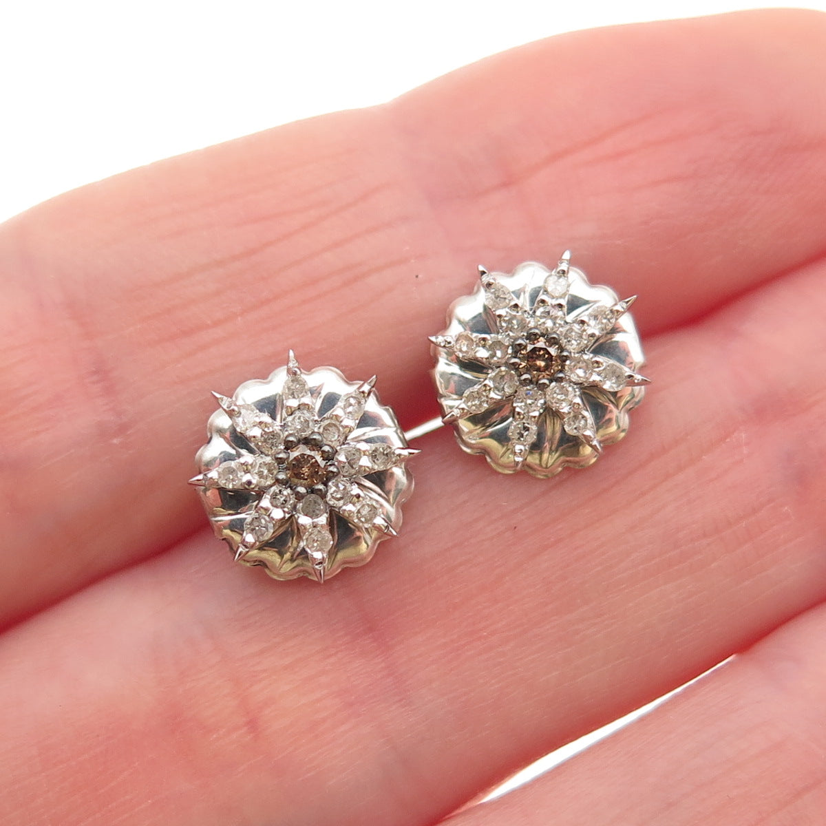 925 Sterling Silver Real Round-Cut Cognac & White Diamond Stud Earrings