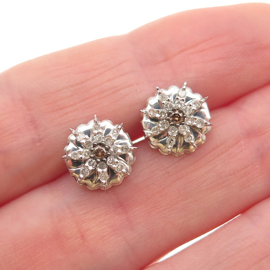 925 Sterling Silver Real Round-Cut Cognac & White Diamond Stud Earrings