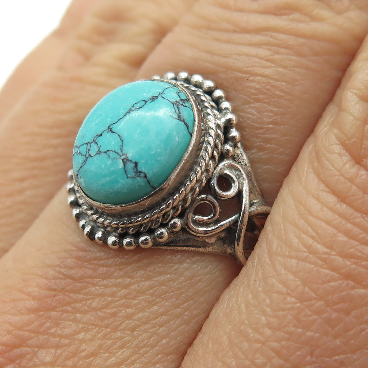 925 Sterling Silver Vintage Real Turquoise Swirl Ring Size 5.75