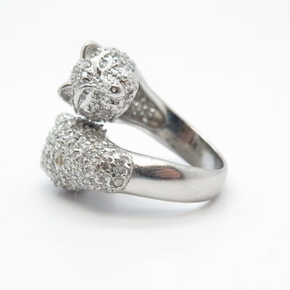 925 Sterling Silver C Z Double Panther Head Adjustable Ring Size 6