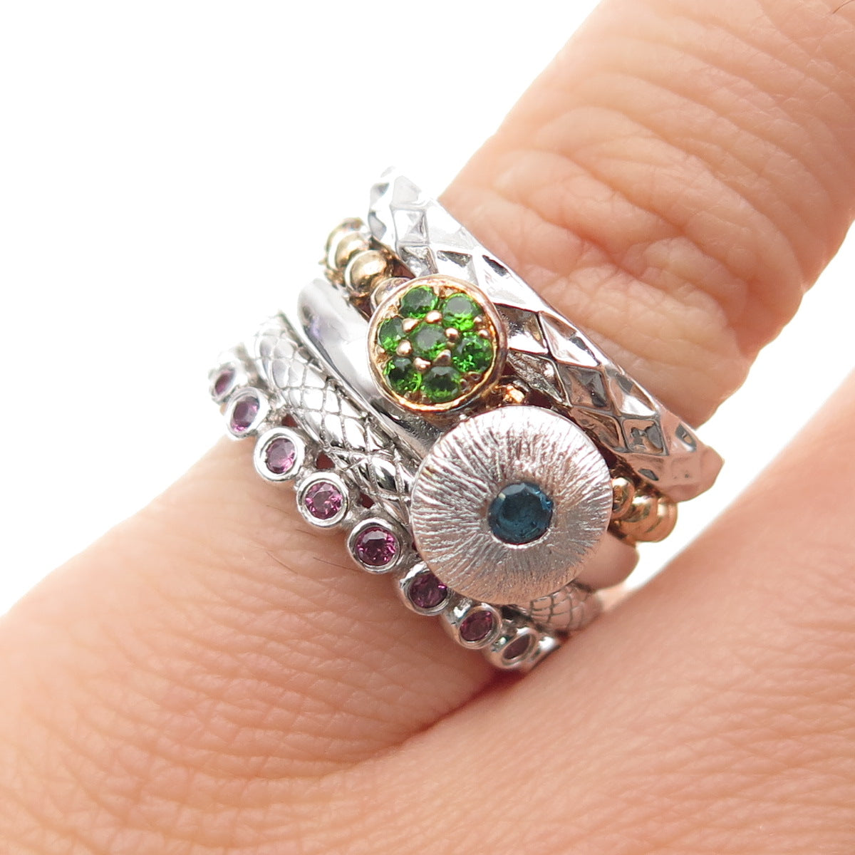 MICHELLE ALBALA Sterling 2-Tone Real Amethyst Peridot Tourmaline Ring Size 5.25