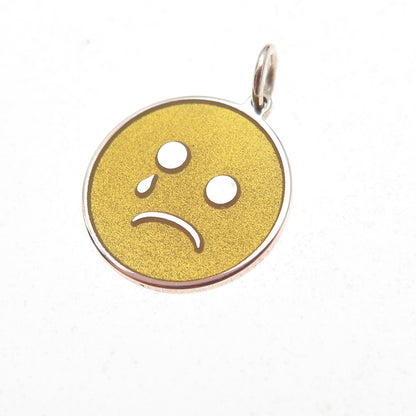 925 Sterling Silver Yellow Enamel Sad Face Emoji Charm Pendant