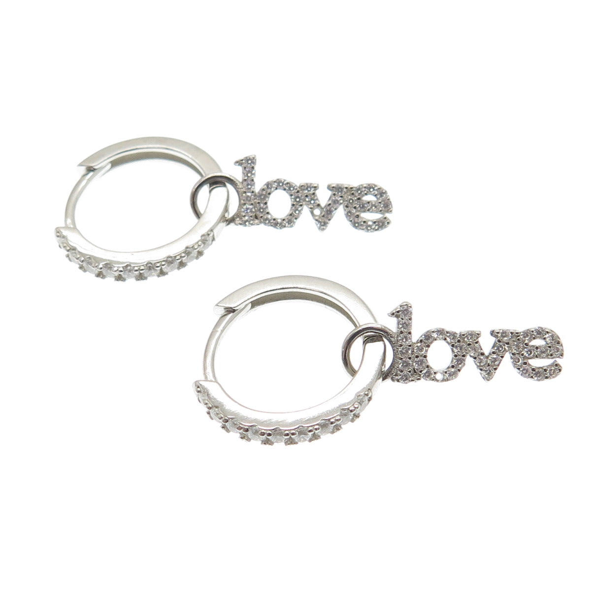 HAN 925 Sterling Silver Round-Cut C Z Love Charm Hoop Earrings