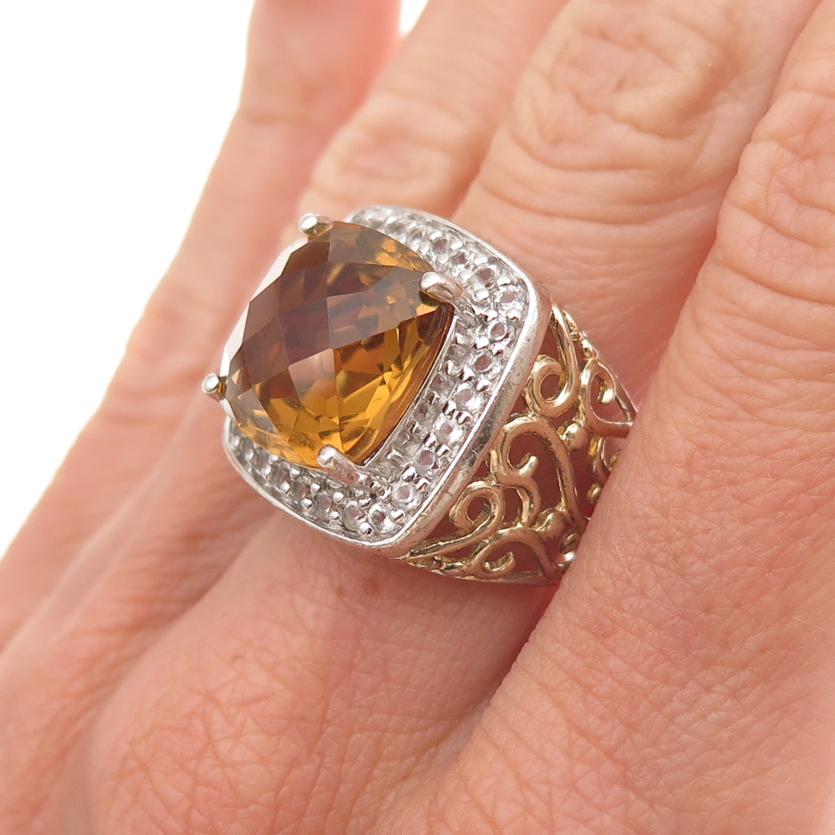 925 Sterling Silver 2-Tone Vintage Real Citrine & White Topaz Ring Size 7.25