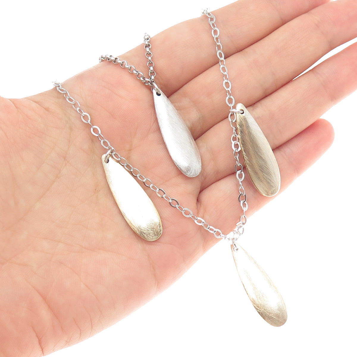 925 Sterling Silver 2-Tone Vintage Modernist Teardrop Double Chain Necklace 16"