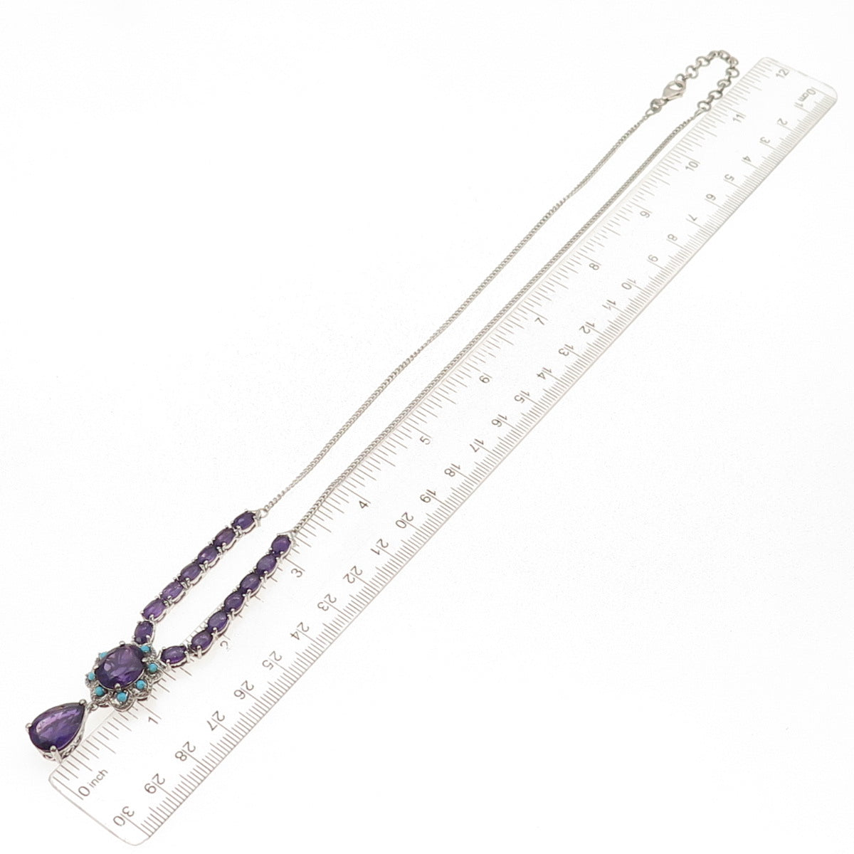 D'Joy 925 Sterling Silver Real Amethyst & Turquoise Cuban Chain Necklace 18-20"