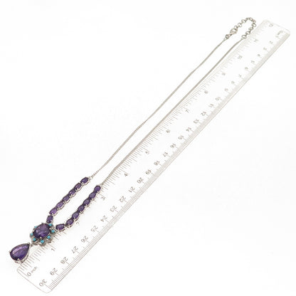 D'Joy 925 Sterling Silver Real Amethyst & Turquoise Cuban Chain Necklace 18-20"