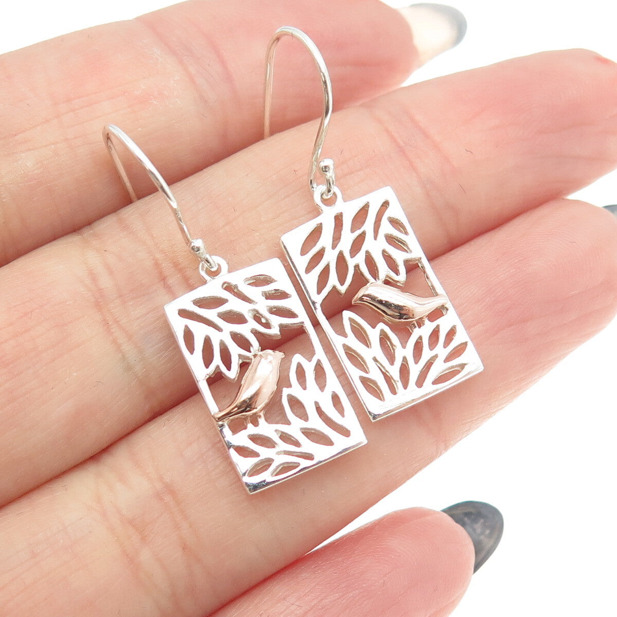 925 Sterling Silver 2-Tone Bird Dangling Earrings