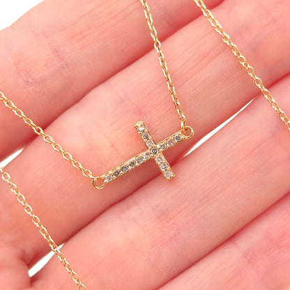 925 Sterling Silver Gold Plated Real Diamond Cross Cable Chain Necklace 18"