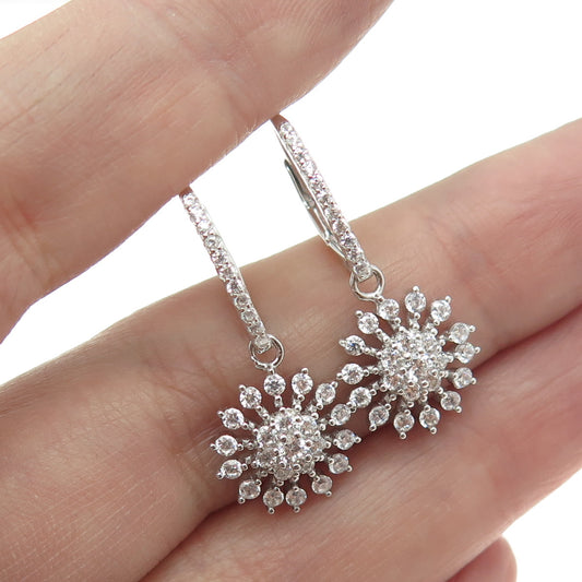 925 Sterling Silver Round-Cut Shaped C Z Snowflake Dangle Earrings