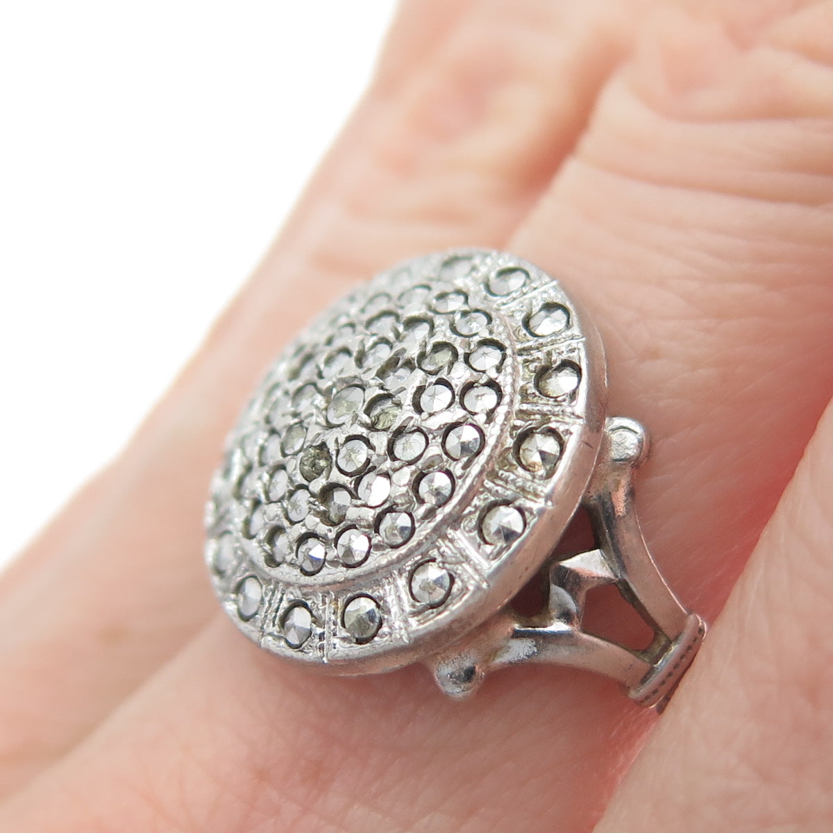 THEDA 925 Sterling Silver Antique Art Deco Real Marcasite Round Ring Size 7