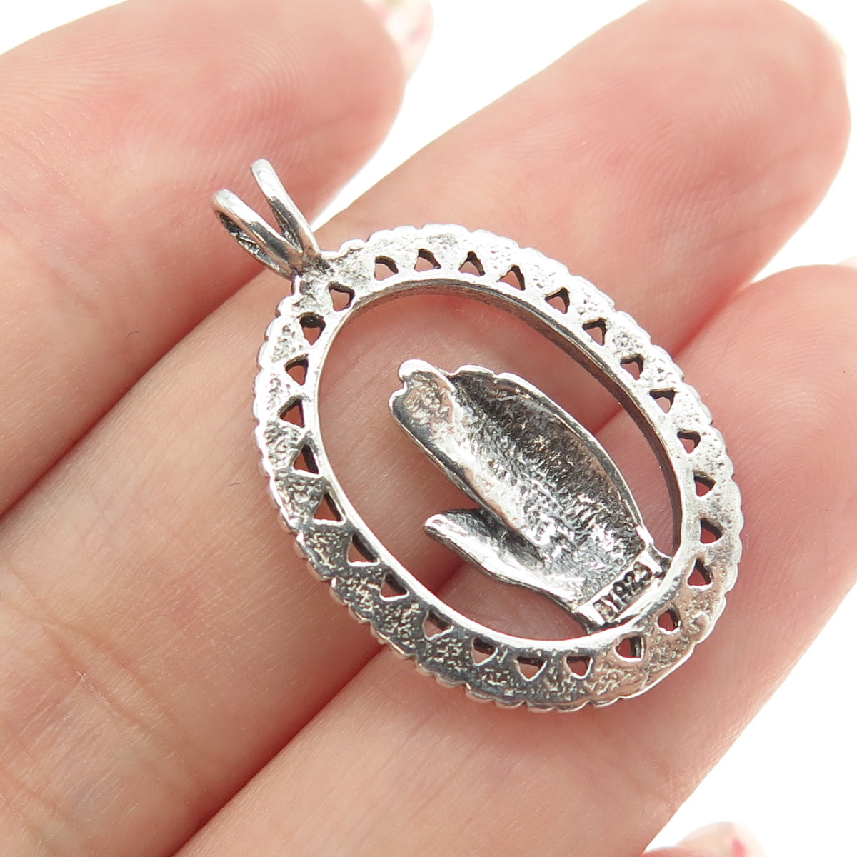 925 Sterling Silver Vintage Prayer Hands Oxidized Pendant