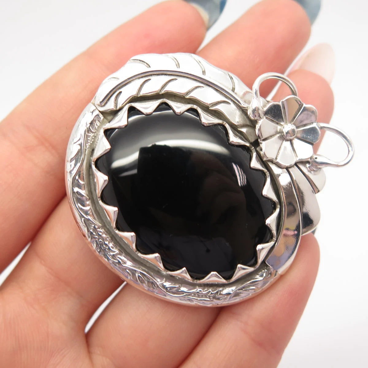 925 Sterling Silver Vintage Mexico Black Onyx Gem Floral Leaf Brooch / Pendant