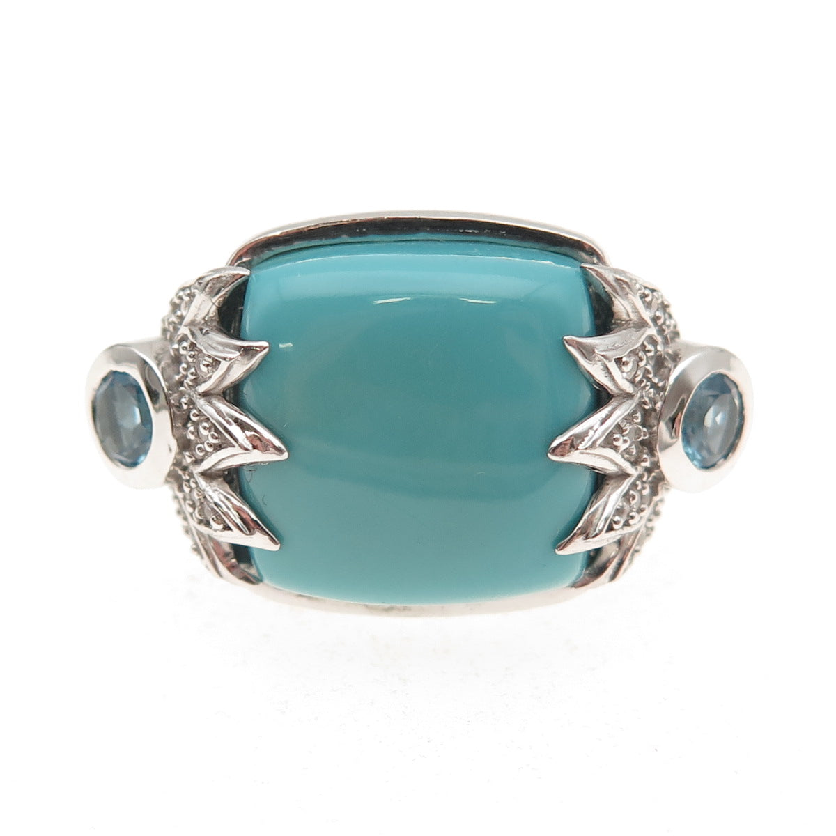 925 Sterling Silver Real Turquoise White & Blue Topaz Ring Size 8.25
