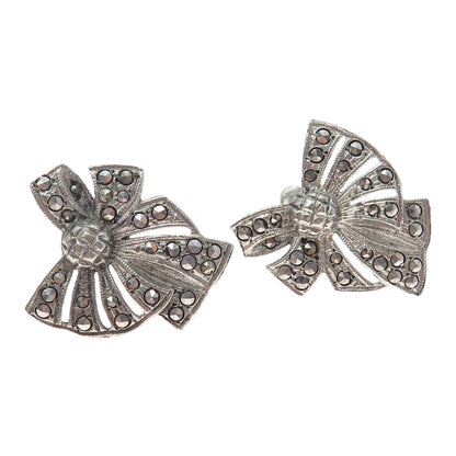 925 Sterling Silver Antique Art Deco Real Marcasite Bow Screw Back Earrings