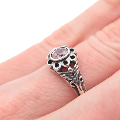 925 Sterling Silver Vintage Oval-Cut Lavender C Z Flower Oxidized Ring Size 6