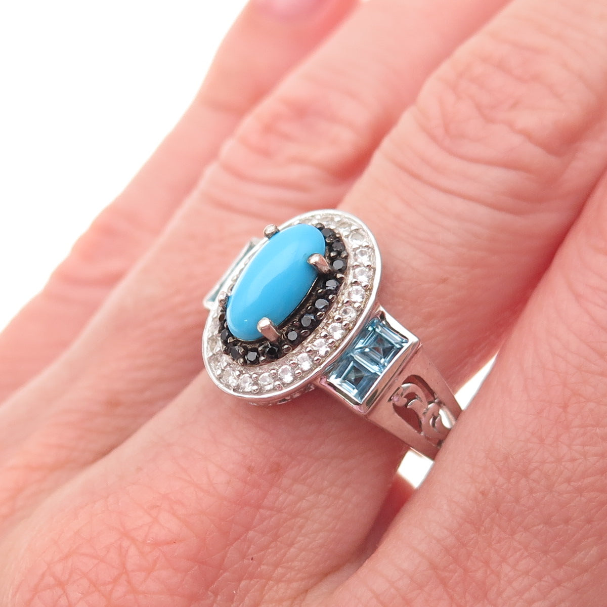 Chuck Clemency 925 Sterling Turquoise Blue White Topaz Black Spinel Ring Size 8