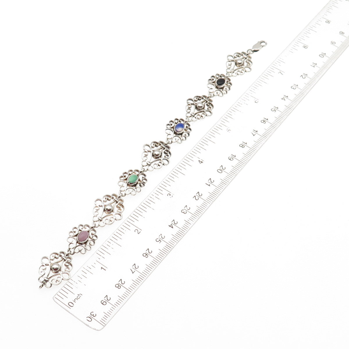 925 Sterling Silver Real Green & Black Onyx Moonstone Rose Quartz Bracelet 7.5"