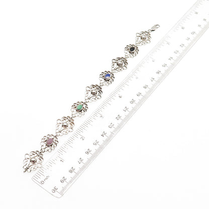925 Sterling Silver Real Green & Black Onyx Moonstone Rose Quartz Bracelet 7.5"
