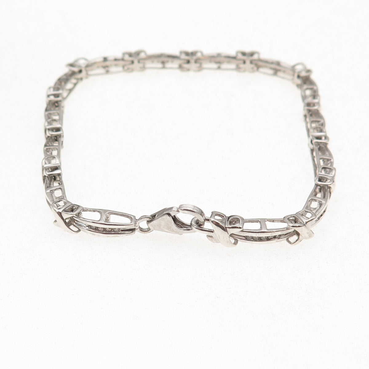 925 Sterling Silver Real Round-Cut Diamond X-Shape Bar Link Bracelet 7.5"