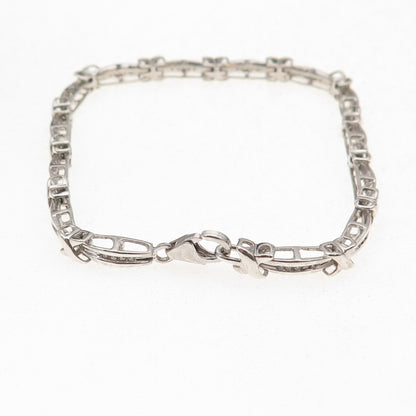 925 Sterling Silver Real Round-Cut Diamond X-Shape Bar Link Bracelet 7.5"