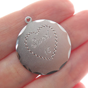 925 Sterling Silver Vintage Engraved Sweet 16 Round Tag Charm Pendant