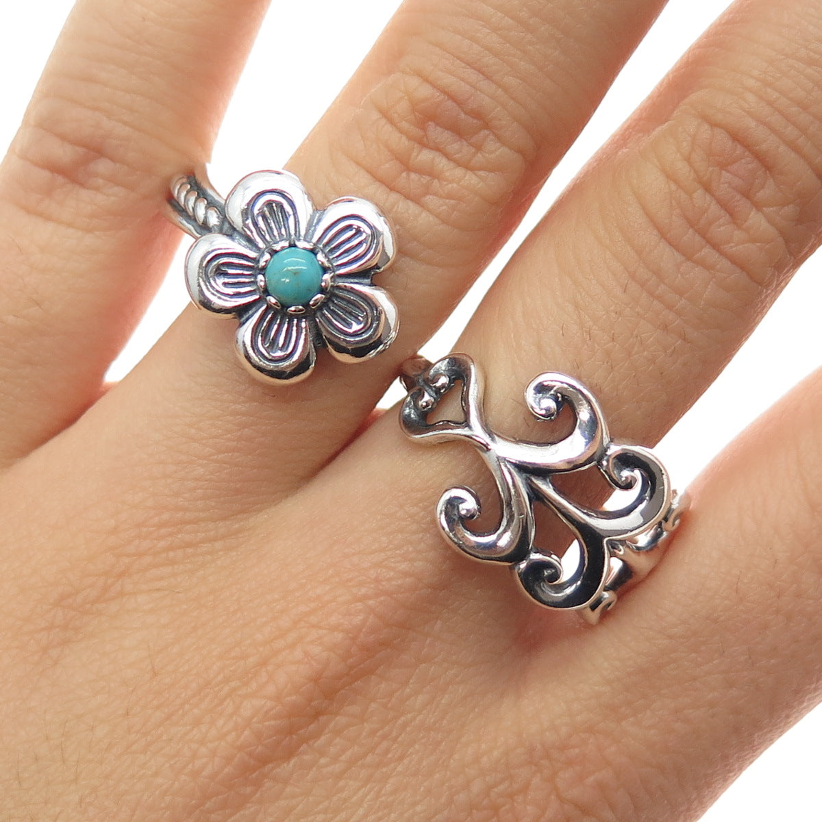 CAROLYN POLLACK 925 Sterling Vintage Turquoise Flower Double-Finger Ring Size 11