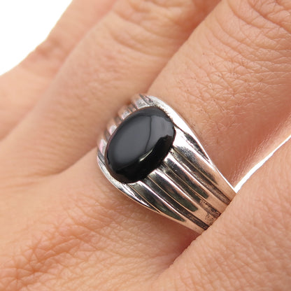 925 Sterling Silver Vintage Real Black Onyx Modernist Oxidized Ring Size 12