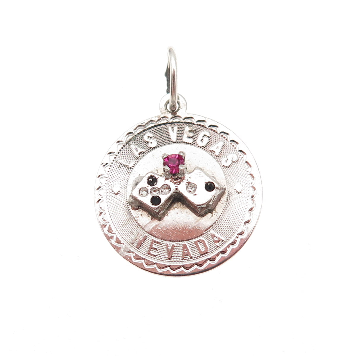 925 Sterling Silver Vintage Pink Rhinestone Las Vegas Lucky Dice Charm Pendant