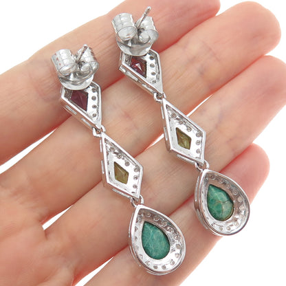 925 Sterling Silver Real Diamond Emerald Amethyst & Peridot Dangle Earrings