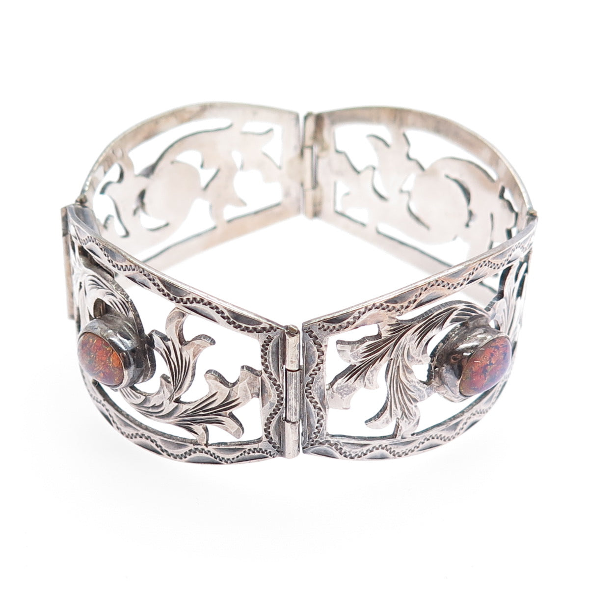 JOY 925 Sterling Silver Vintage Mexico Dragon Breath Opal Floral Bracelet 7.25"