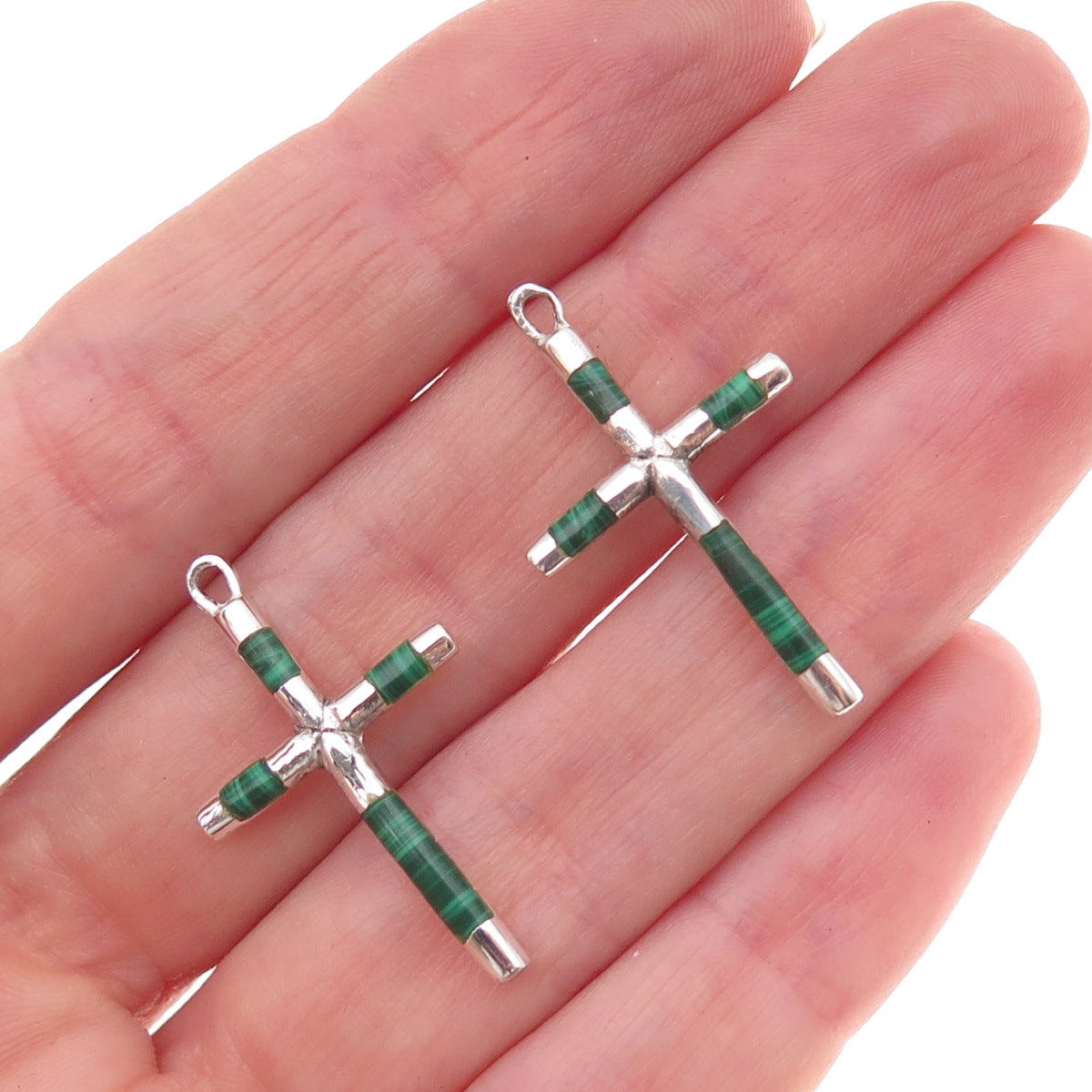 925 Sterling Silver Vintage Real Malachite Cross Jacket Earrings