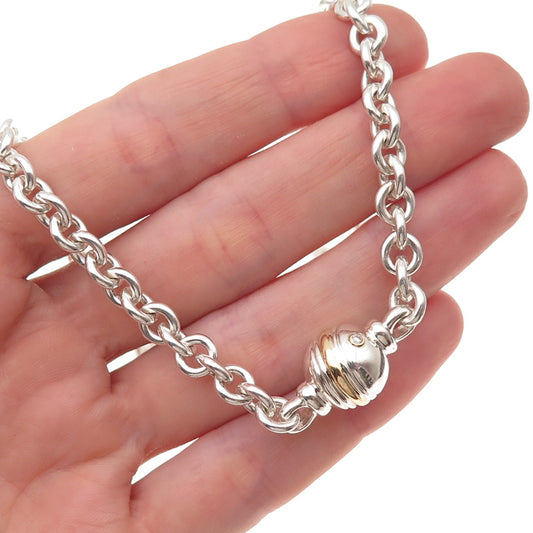 925 Sterling Silver 14K Gold Real Diamond Ball Rolo Chain Necklace 16"