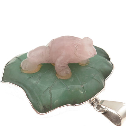 OBSIDIAN 925 Sterling Vintage Real Rose Quartz & Jade Frog Large 59.8g Pendant