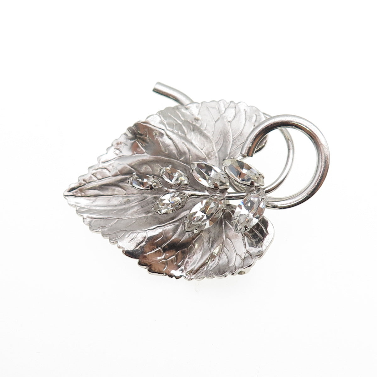 CARL ART 925 Sterling Silver Antique Art Deco Rhinestone Floral Leaf Pin Brooch