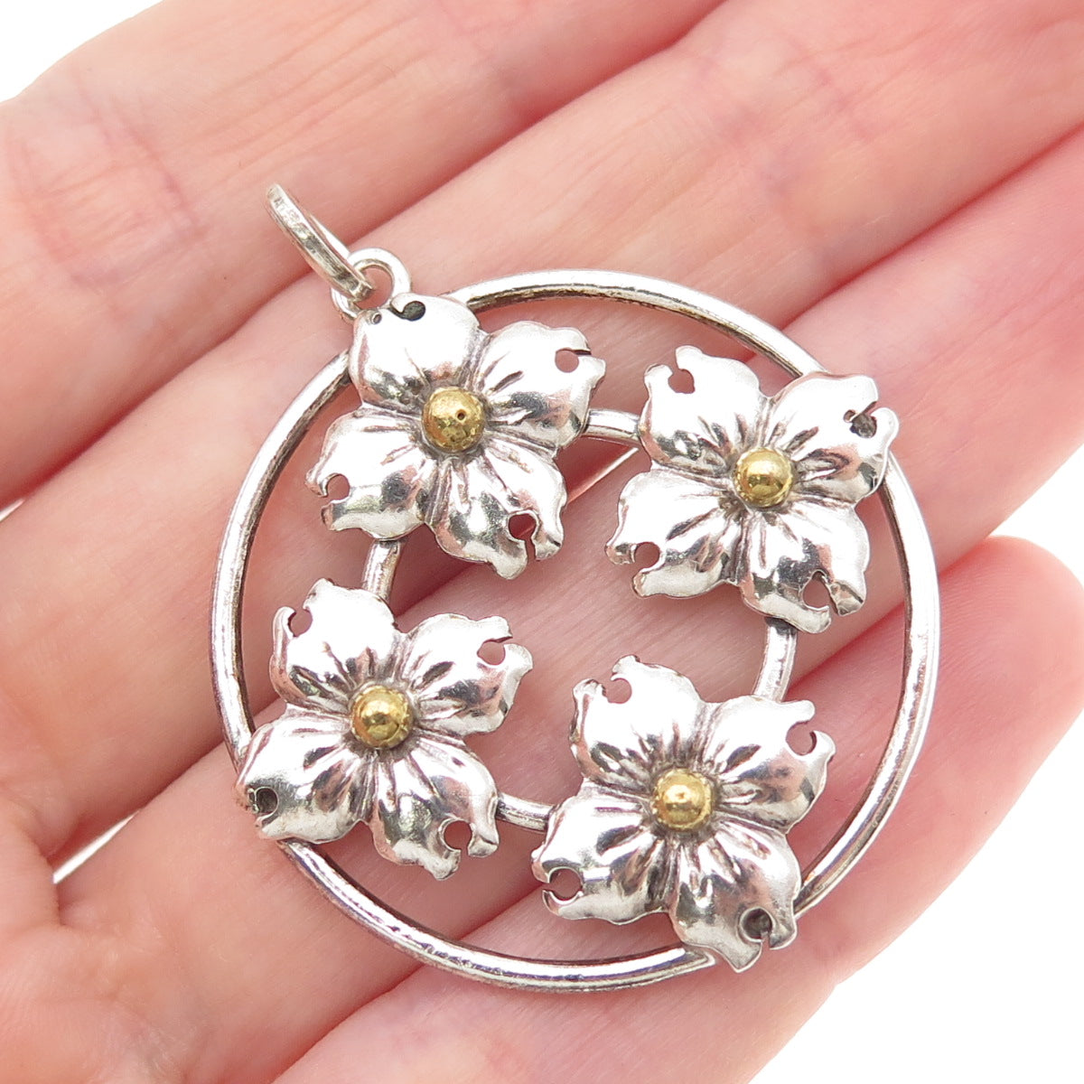 925 Sterling Silver 2-Tone Vintage Flower Circle of Life Charm Pendant
