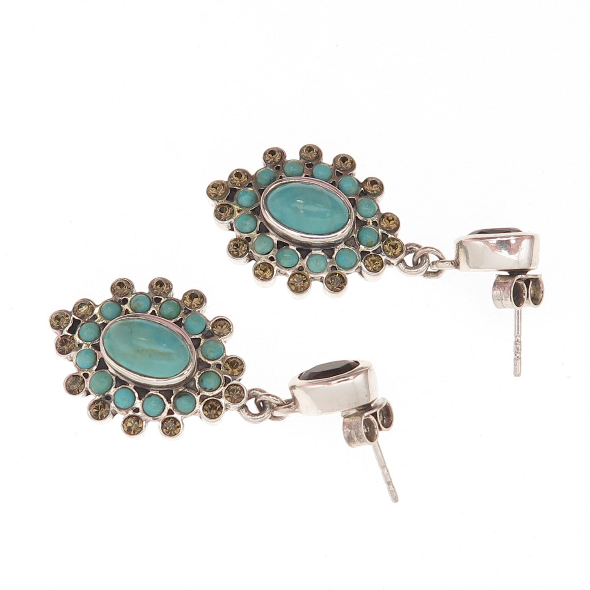 BARSE Sterling Silver Vintage Rhinestone Real Turquoise & Smoky Quartz Earrings