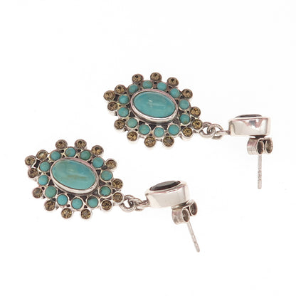 BARSE Sterling Silver Vintage Rhinestone Real Turquoise & Smoky Quartz Earrings