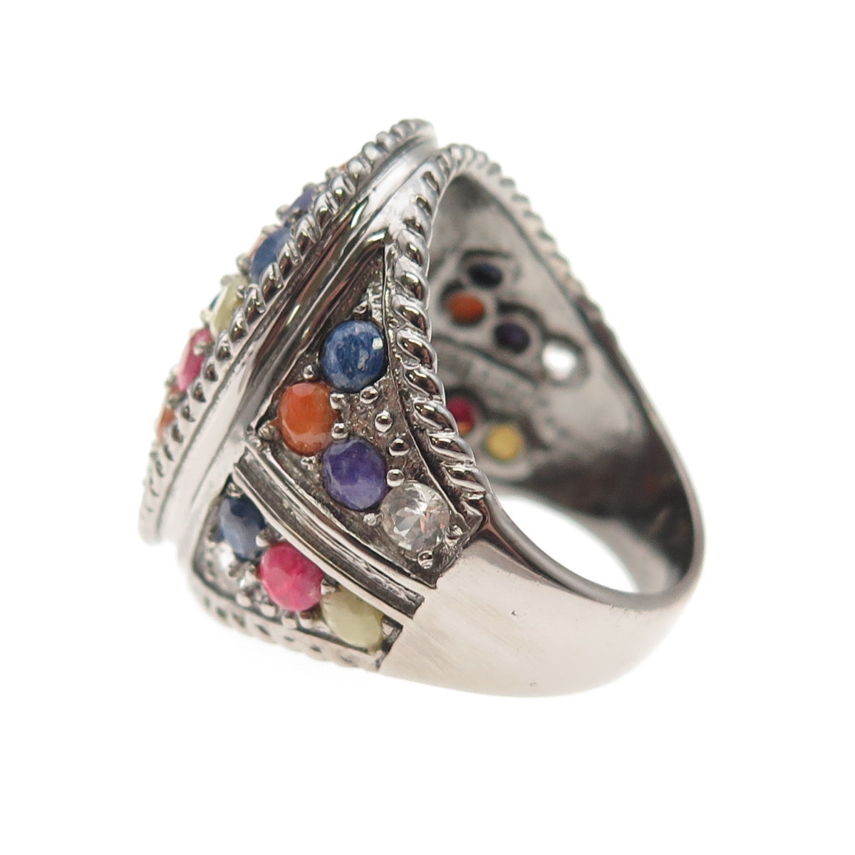 925 Sterling Silver Black Rhodium Real Multi-Color Sapphire Ring Size 7.75