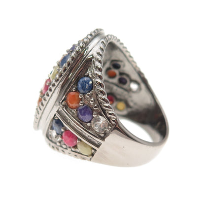 925 Sterling Silver Black Rhodium Real Multi-Color Sapphire Ring Size 7.75