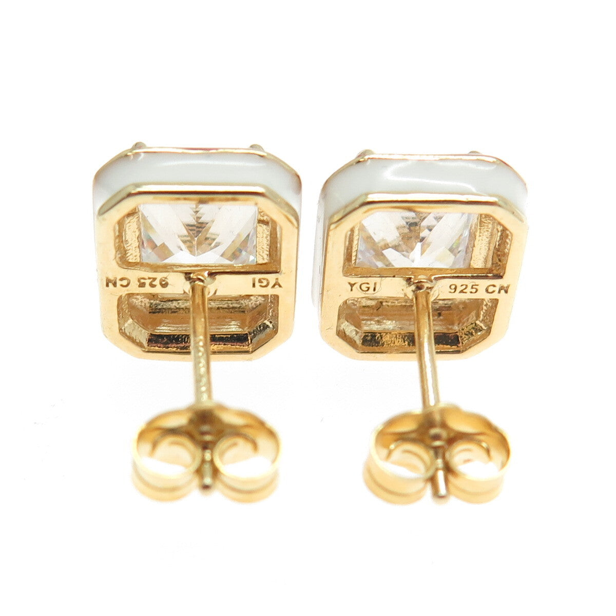 925 Sterling Silver Gold Plated Radiant-Cut Shaped C Z Red Enamel Stud Earrings