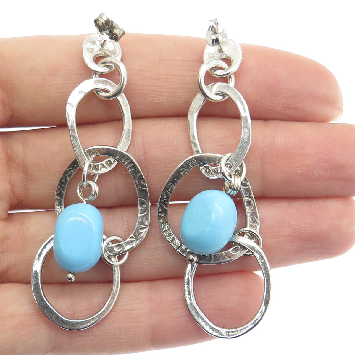 925 Sterling Silver Vintage Real Turquoise Modernist Drop Circle Dangle Earrings