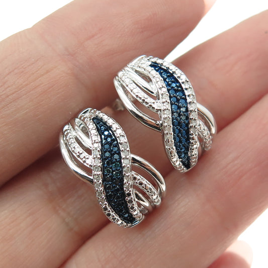 SUN 925 Sterling Silver Real Round-Cut Blue & White Diamond Crisscross Earrings